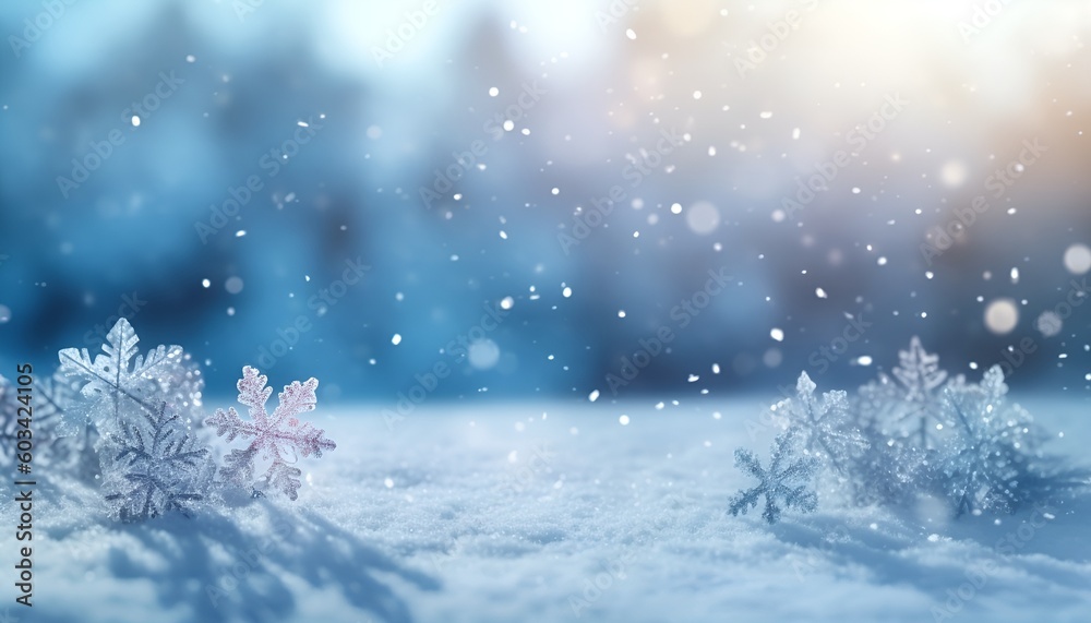 Winter snowy blurry background scenery landscape in light blue shades. Falling snow