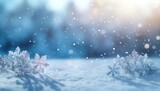 Winter snowy blurry background scenery landscape in light blue shades. Falling snow