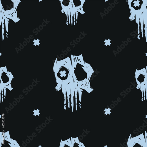 Cursed skull seamless pattern, black and gray colors. Suitable for fashion industry, branding, halloween background.