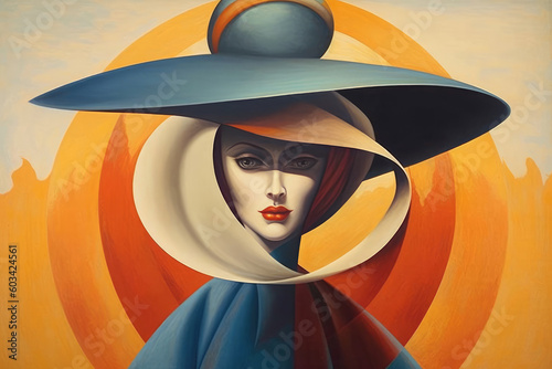Fine art surrealistic painting of woman in elegant outfit and hat looking at camera against orange background. Flat colors. Generative AI
