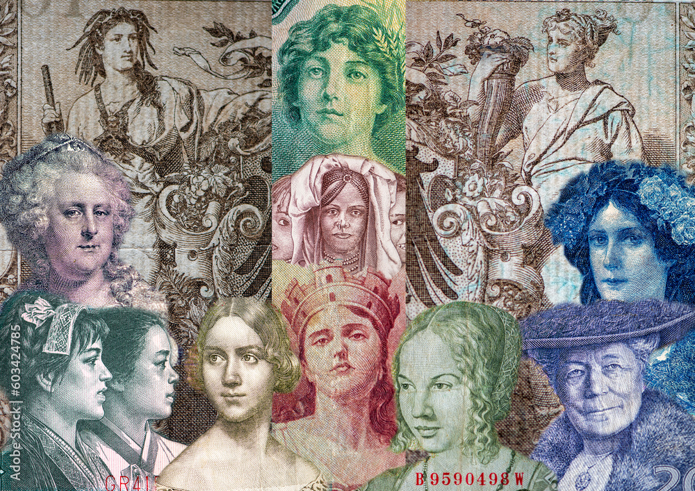Fototapeta premium Collection of women illustrations on old banknotes around the world