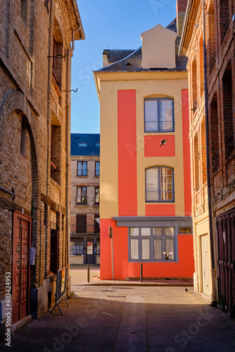 Historic side-streets of Dieppe. Bright colours in high contrast.