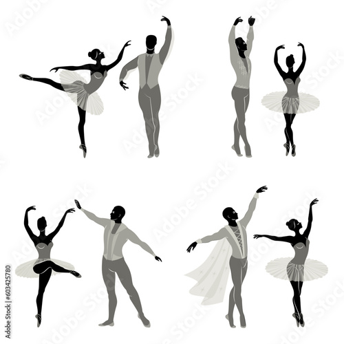 Collection. Silhouette of a ballet actor. The woman and the man have beautiful slender figures. Girl ballerina and boyfriend dancer. Vector illustration set.