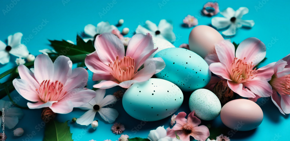 a blue background with flowers and easter eggs on it