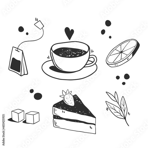 Hand drawn tea elements, vector illustration, doodle clipart