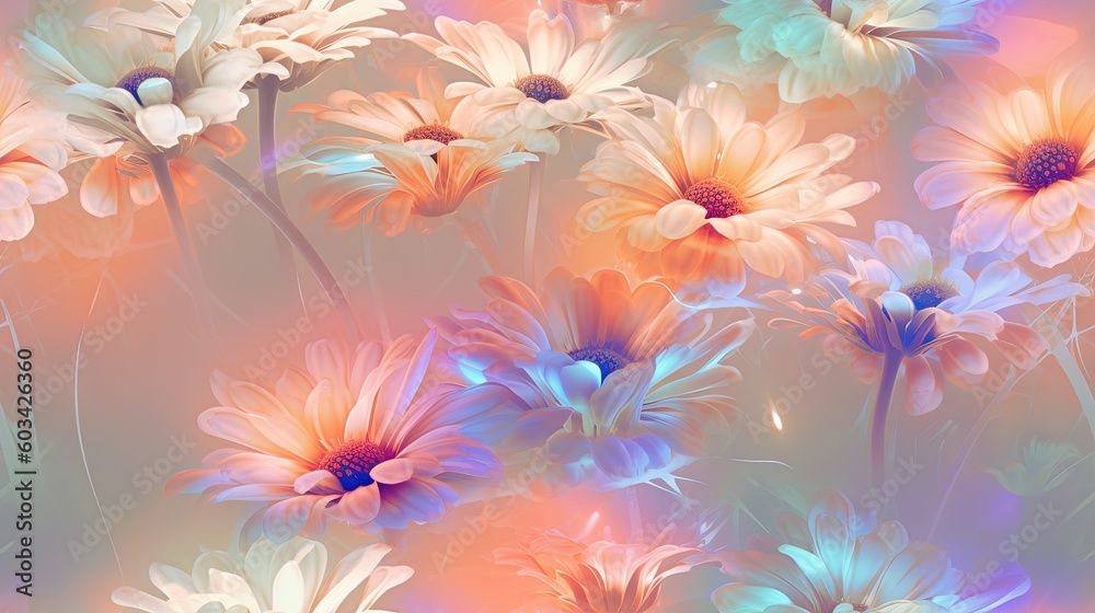  a bunch of flowers that are on a wallpaper with a blue and orange background and a pink and blue background with a blue and orange flower.  generative ai