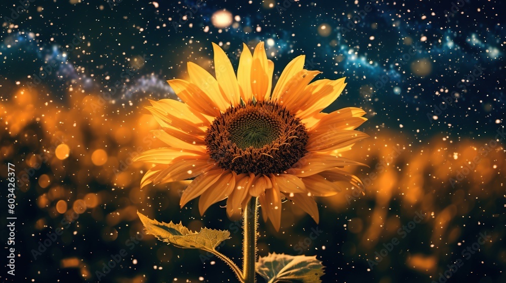a large sunflower in a field of grass with a blue sky in the back ground and stars in the sky behind it, with a bright yellow glow on a black background. generative ai a large sunflower in a field of grass with a blue sky in the back ground and stars in the sky behind it, with a bright yellow glow on a black background. generative ai