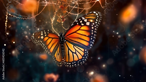  a monarch butterfly hanging from a string in a dark room filled with lights and bubbles of light coming from the ceiling and a chandelier hanging from the ceiling. generative ai