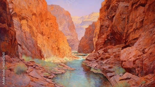  a painting of a canyon with a river running through the middle of it and mountains in the distance with a blue sky in the background. generative ai