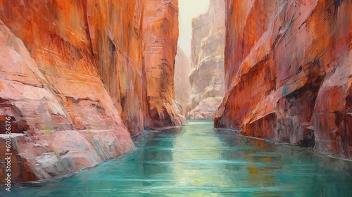  a painting of a river running through a canyon in a canyon with red rocks and green water in the middle of the river is a narrow canyon. generative ai © Nadia