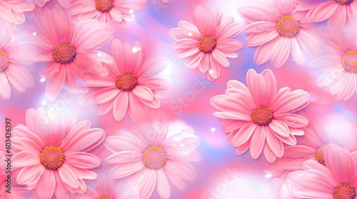  a pink background with pink daisies on a pink background with blue and white circles on the center of the image and the center of the flowers in the center of the image.  generative ai