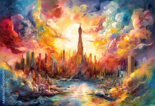 new york city is a colorful painting made of many different colored clouds © Nilima