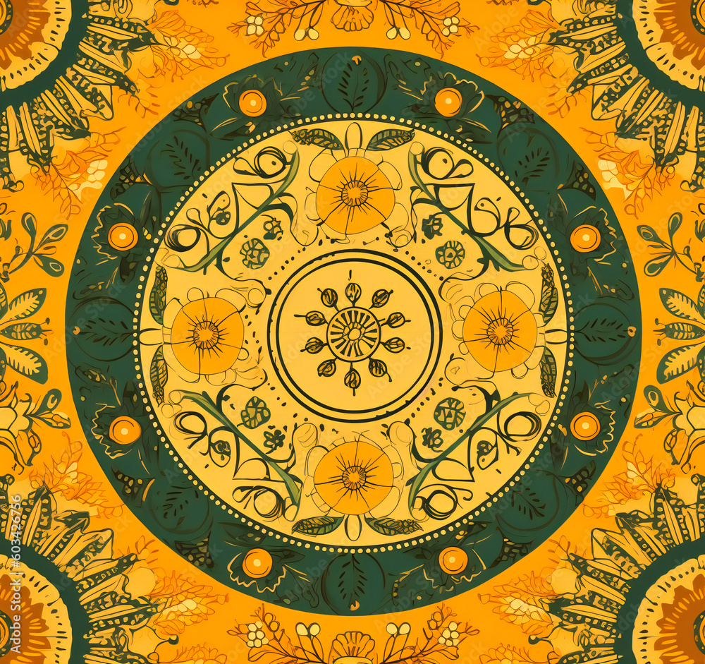 an indian pattern with yellow circles and green leaves an indian pattern with yellow circles and green leaves
