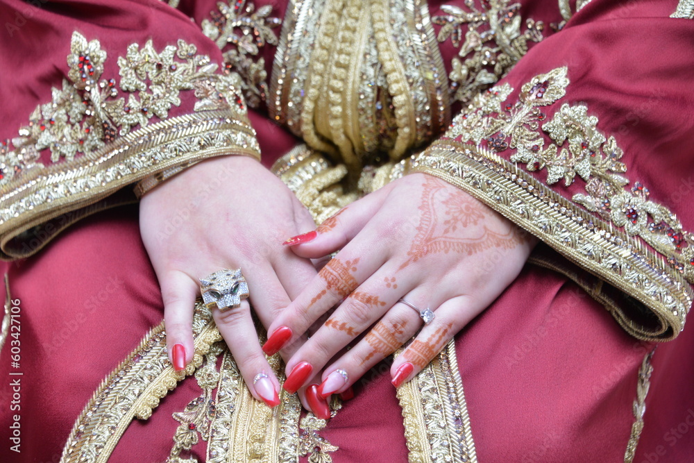 Close Up Henna Arts on bride's hand.