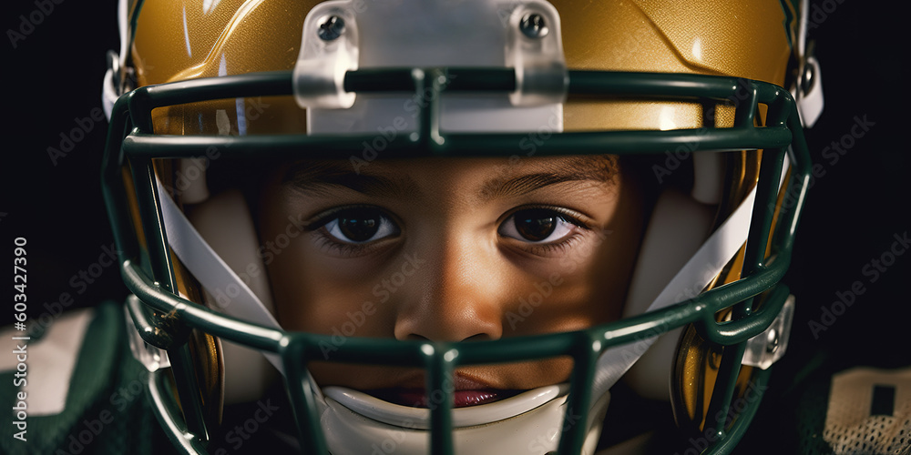 Head shot of little African American boy wearing American football