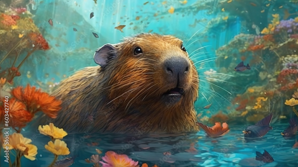 a painting of a beaver floating in a pond of water surrounded by flowers and butterflies, with a blue sky in the background and a waterfall in the foreground. generative ai a painting of a beaver floating in a pond of water surrounded by flowers and butterflies, with a blue sky in the background and a waterfall in the foreground. generative ai