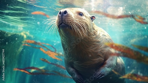  a sea lion swimming in the ocean with lots of fish around it's neck and head, looking up at the sky and water surface. generative ai
