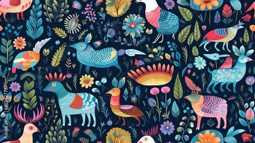  a painting of birds and flowers on a black background with blue, pink, orange, yellow, and red colors and leaves and flowers. generative ai