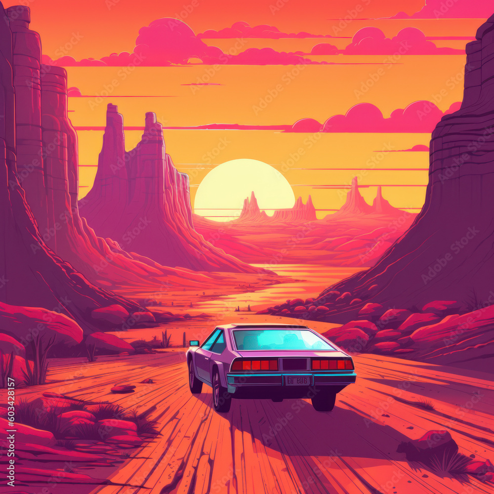 Futuristic retro wave synthesizer. The car is coming. road in the canyon between the mountains before the setting sun. Design in the style of the 80s. Futuristic retro wave synthesizer. Generative AI