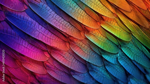  a close up of a colorful bird's feathers pattern with a rainbow hued color scheme on the wing of a bird's wing.  generative ai © Nadia