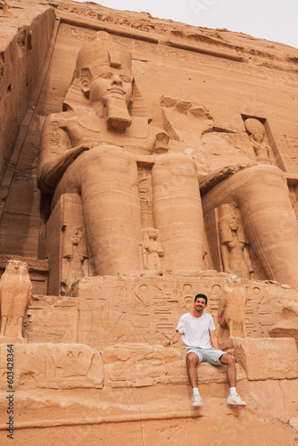 young male traveler visits Abu Simbel. Egypt. vertical composition