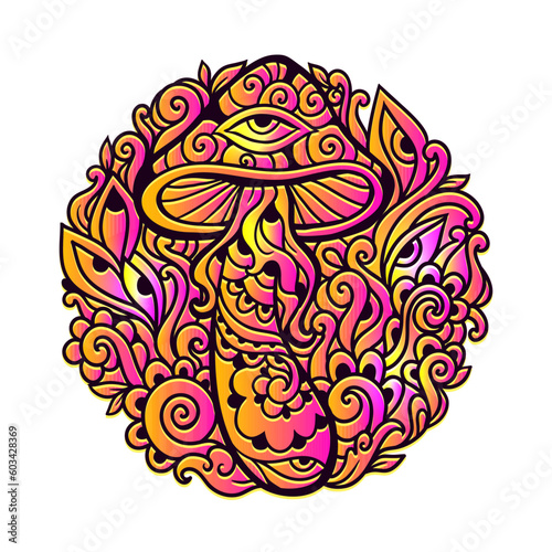 Psychedelic Magic Mushrooms. Vector illustration. Zen art. Decorative mushrooms, hippie, hallucination psilocybin 60s 70s