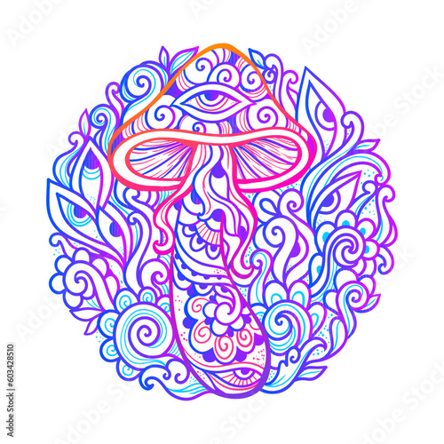 Psychedelic Magic Mushrooms. Vector illustration. Zen art. Decorative mushrooms, hippie, hallucination psilocybin 60s 70s