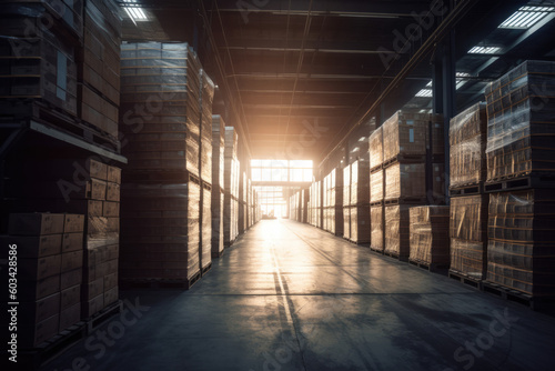 Interior of a modern warehouse with lots of pallets and a light beam