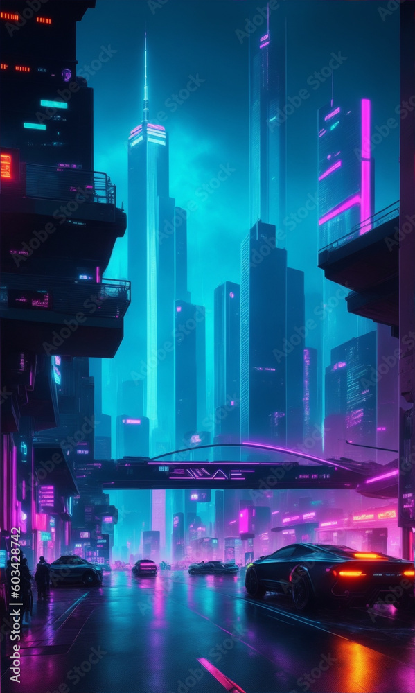 A futuristic cityscape with towering skyscrapers - downtown city at night