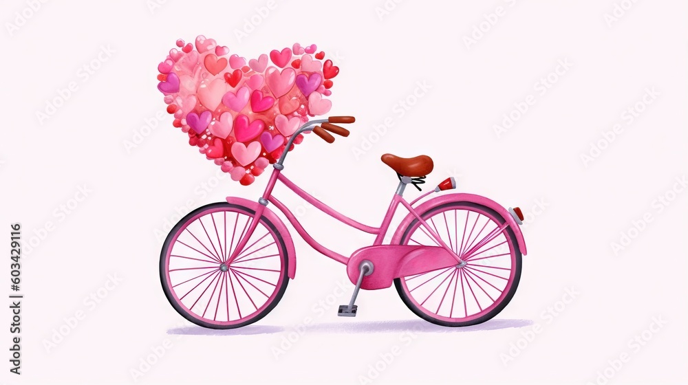  a pink bicycle with hearts on the front and back of the bike, with a basket of hearts on the front of the bike, on a white background.  generative ai