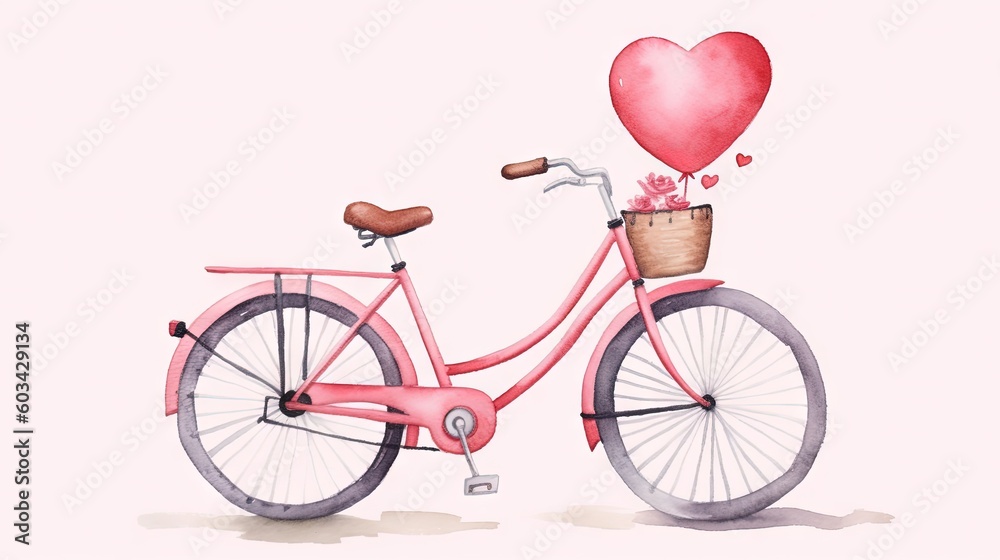  a pink bicycle with a basket and a heart on the handlebars is shown with the words love written on the handlebars.  generative ai
