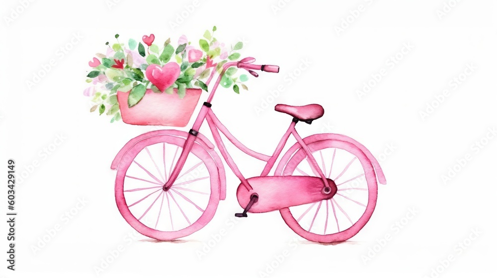  a pink bicycle with a basket of flowers on the front wheel and a basket of flowers on the back wheel, painted in watercolor on a white background.  generative ai