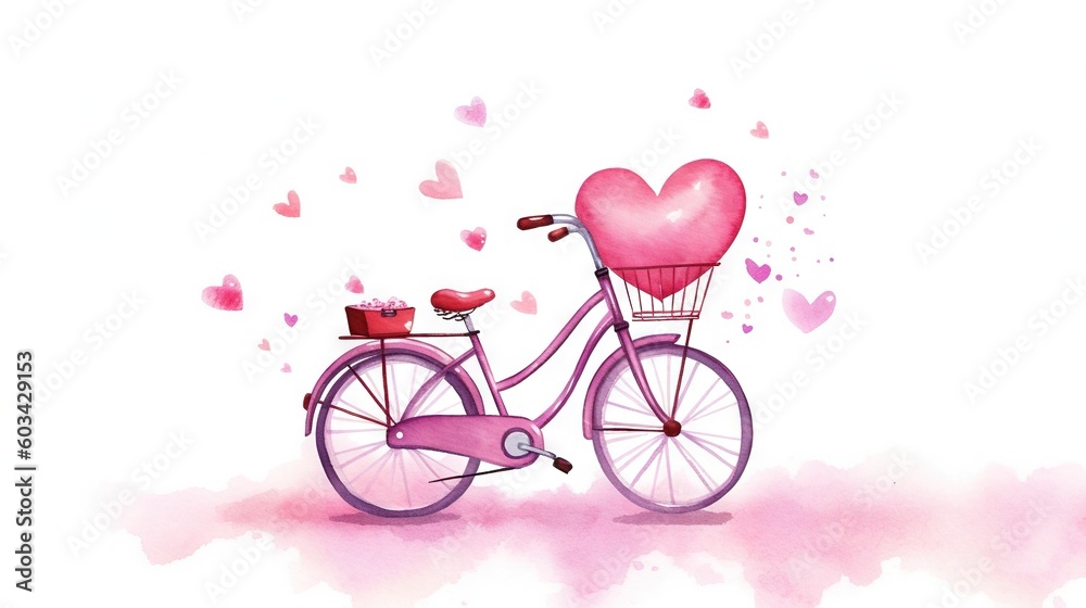  a pink bicycle with a heart on the back of the basket and a basket on the front of the basket, on a pink background with hearts.  generative ai