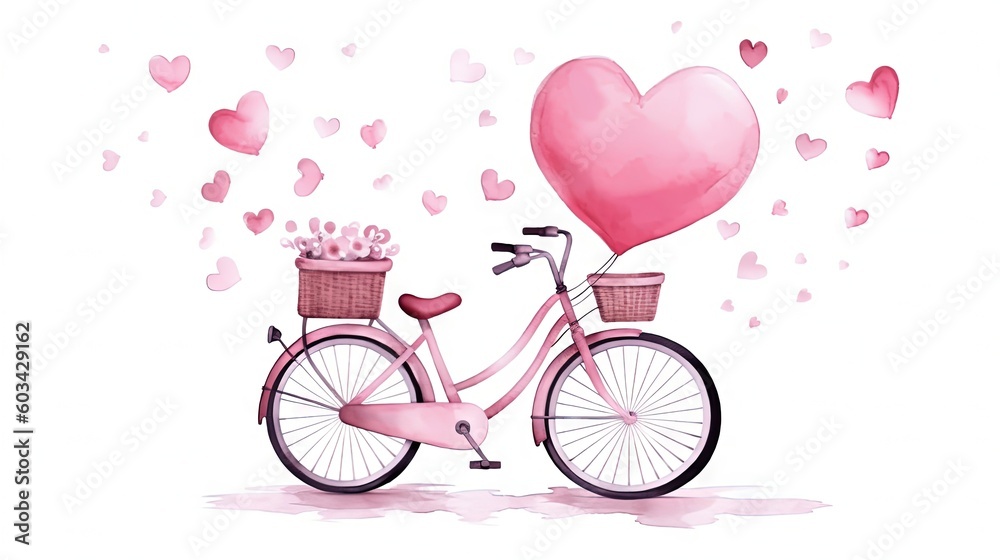  a pink bicycle with a basket of flowers and a heart shaped balloon on the back of it, with hearts flying around the back of the bike.  generative ai