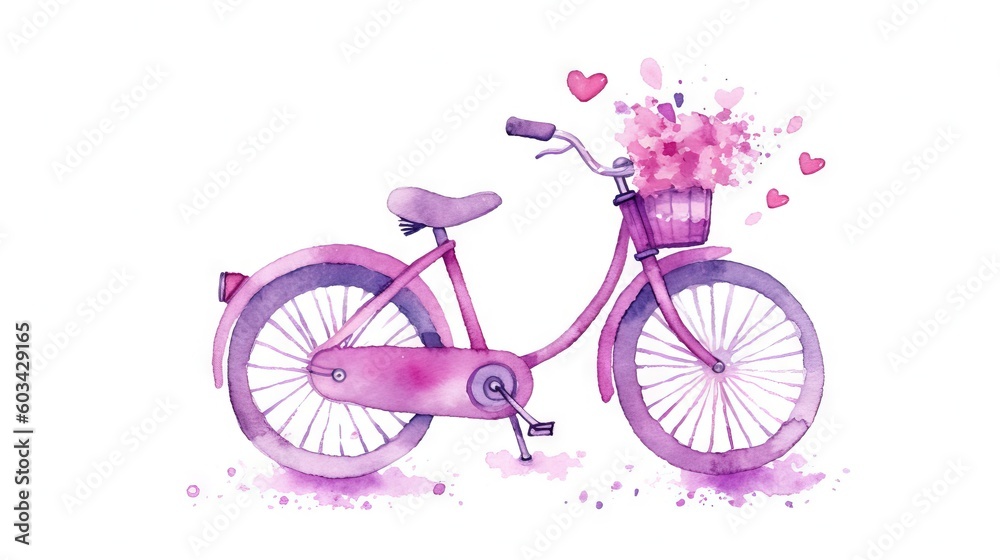  a watercolor painting of a pink bicycle with a basket of flowers on the back of the bike, with hearts coming out of the basket.  generative ai