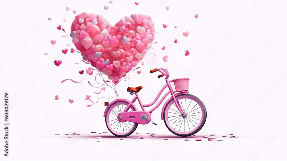  a pink bicycle with a heart shaped balloon attached to the back of the bike is surrounded by confetti and streamers of pink hearts.  generative ai