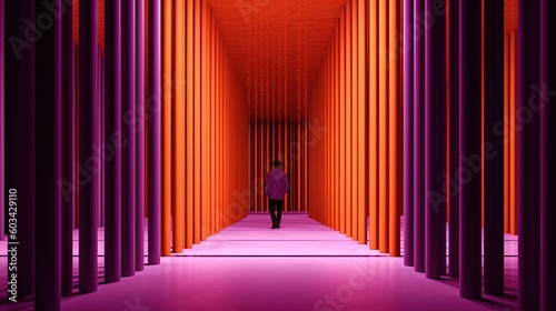  a person standing in a long hallway with purple and orange columns on either side of the room and a person standing in the middle of the hallway.  generative ai