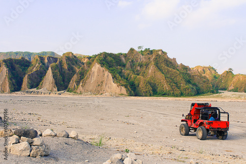 Mount Pinatubo car trip, Philippines. Tourists road to Mt. Pinatubo crater lake. photo