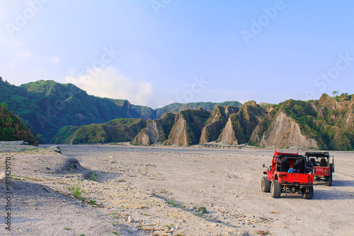 Mount Pinatubo car trip, Philippines. Tourists road to Mt. Pinatubo crater lake.