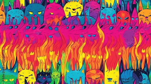  a group of cats that are in the middle of a fire filled field of fire and grass with faces drawn on them, all in different colors. generative ai