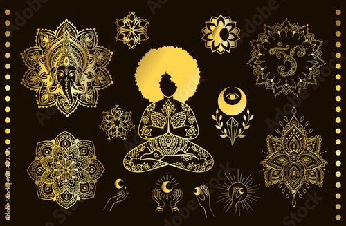 lord Ganesha, Yoga Pose, Lotus, Chakra, Moon, On, Hand. India set. God with elephant head. Vector Illustration of Happy Ganesh Chaturthi. Mandala, medallion yoga gold