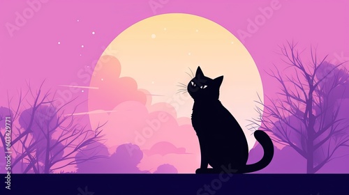  a black cat sitting in front of a full moon with trees in the foreground and a pink sky with stars and clouds in the background.  generative ai