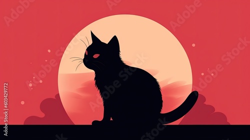  a black cat sitting in front of a full moon with a red sky in the background and a red sky with a red and orange background.  generative ai