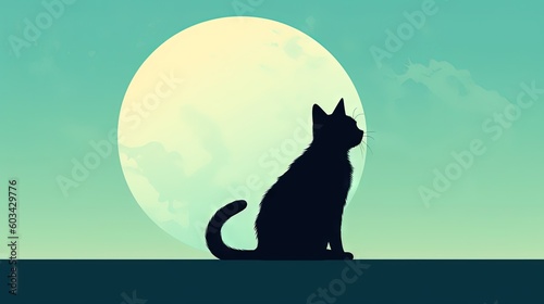  a black cat sitting in front of a full moon with a sky in the background and a blue sky with a few clouds and the moon in the distance.  generative ai