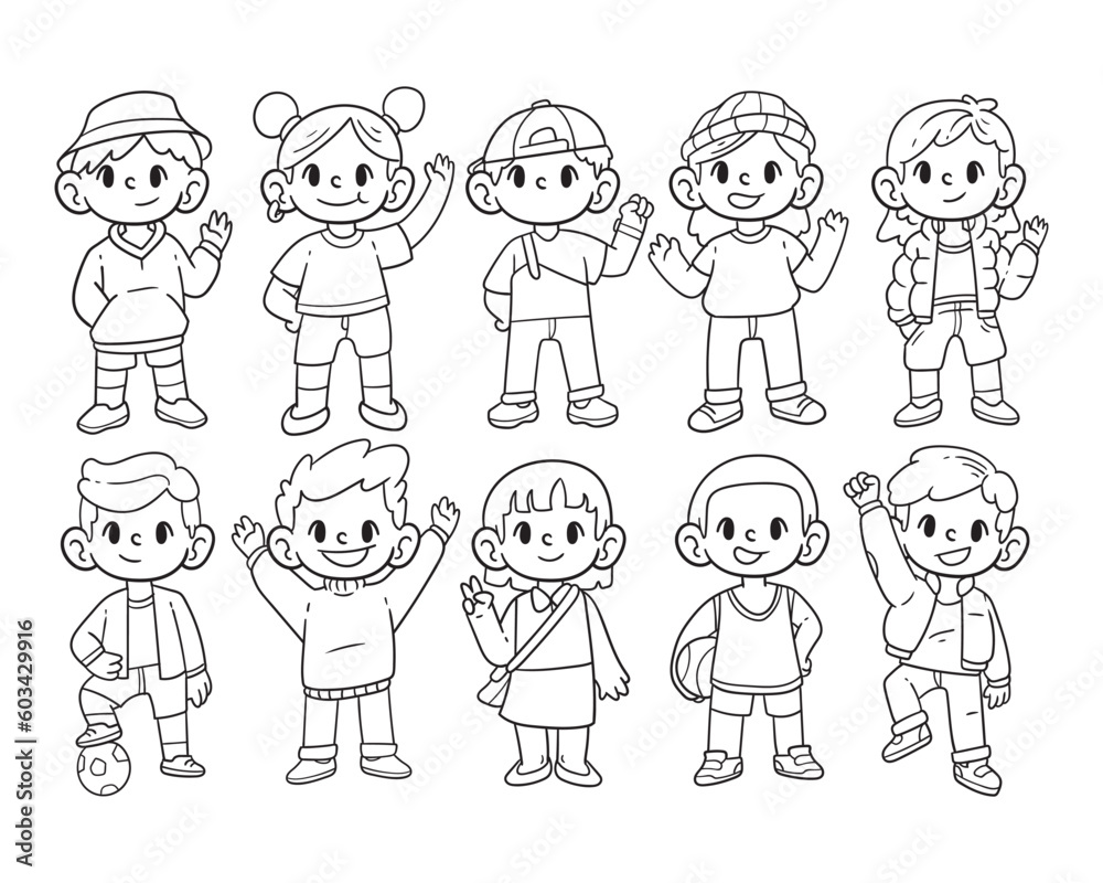 Set of teenager character hand-drawn outline sketch illustration Set of teenager character hand-drawn outline sketch illustration