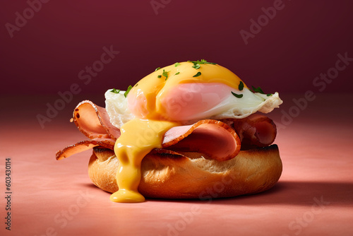 tasty eggs benedict with poached egg and canadian bacon, isolated on a pink and red background, created with generative ai photo