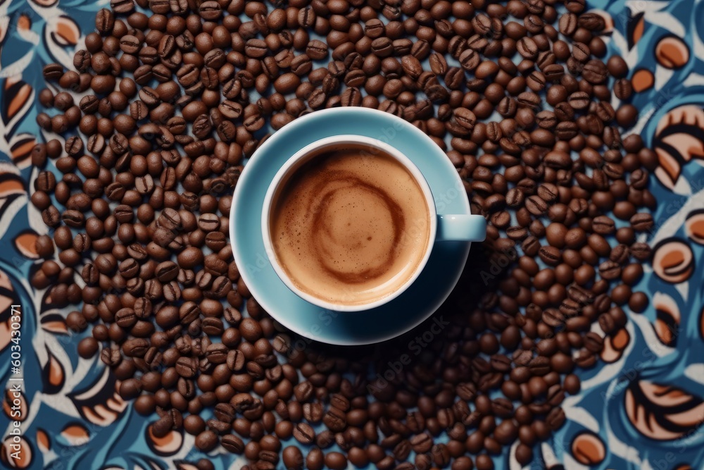 A top-down shot of an espresso cup on a saucer, surrounded by coffee beans arranged in a pattern. Generative AI A top-down shot of an espresso cup on a saucer, surrounded by coffee beans arranged in a pattern. Generative AI