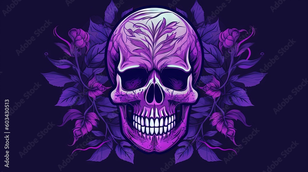  a purple skull with a floral crown on it's head and leaves around it's neck, on a black background with a purple background.  generative ai