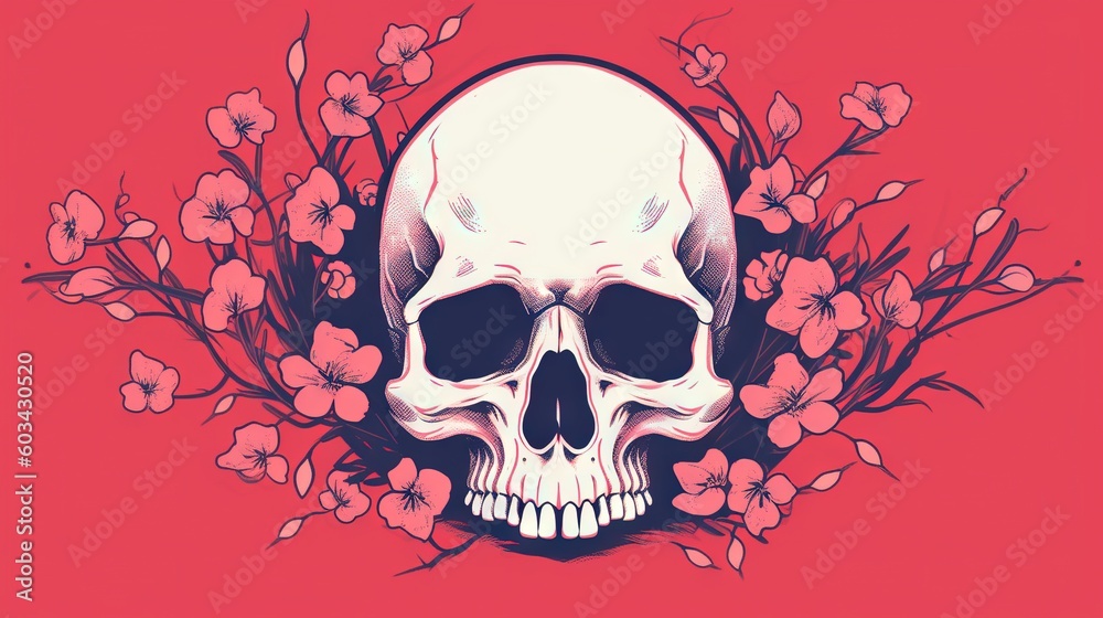 a skull with flowers around it on a red background with a red background and a red background with a white skull with flowers around it on a red background. generative ai a skull with flowers around it on a red background with a red background and a red background with a white skull with flowers around it on a red background. generative ai