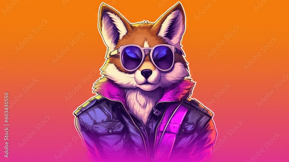  a drawing of a fox wearing sunglasses and a jacket with a hoodie on it's head, with a pink and orange background.  generative ai